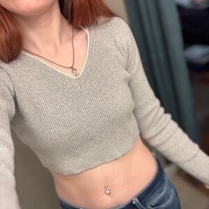 Light Gray V-Neck Sweater crop top